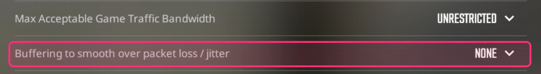 CS2's Buffering to smooth over packet loss / jitter set to None, below Max Acceptable Game Traffic Bandwidth