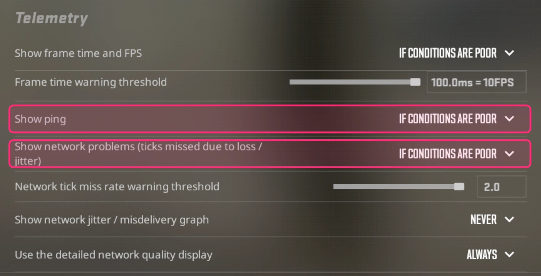 CS2's Telemetry settings with Show ping and Show network problems highlighted, both set to If conditions are poor
