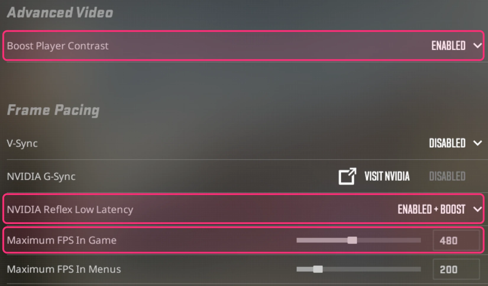 CS2's Advanced Video settings with Boost Player Contrast, NVIDIA Reflex Low Latency and Maximum FPS In Game highlighted