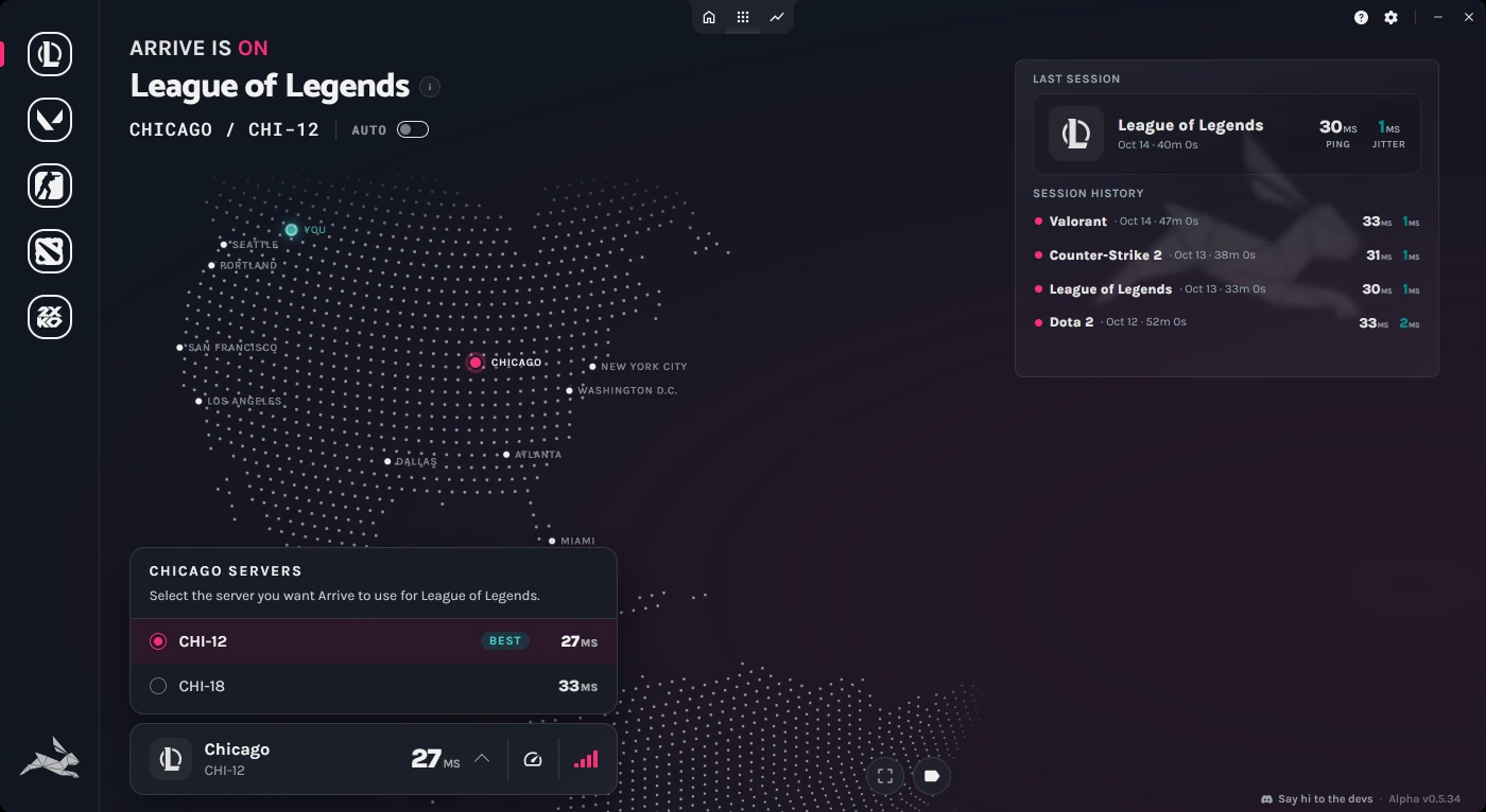 The Arrive desktop app with all supported games on the left and League of Legends set to Chicago, showing the Chicago servers CHI-12 and CHI-18