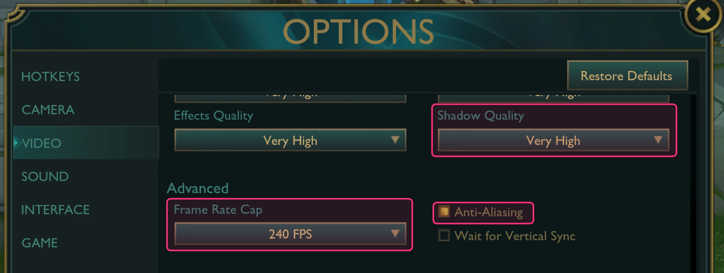 League of Legends' Options, Video tab, with Shadow Quality, Frame Rate Cap and Anti-Aliasing highlighted
